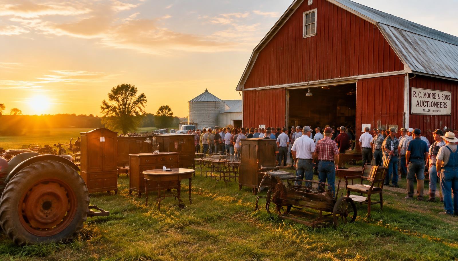 Crowd at a country auction outside a red barn